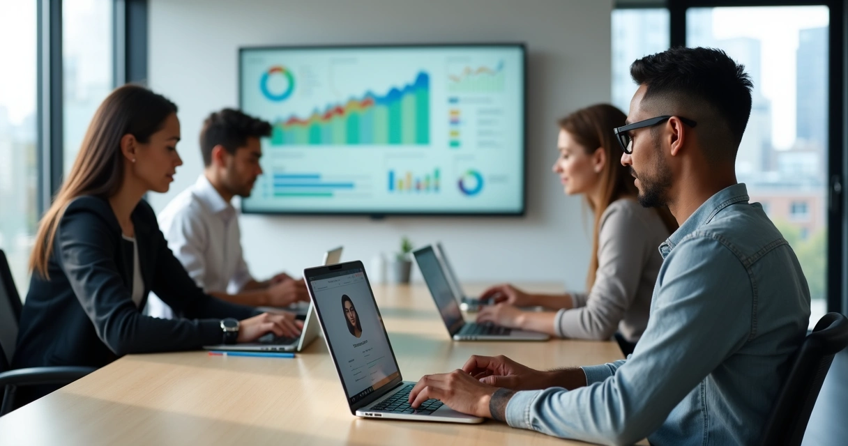 Profissionais cadastrando currículo em plataforma de banco de talentos no computador