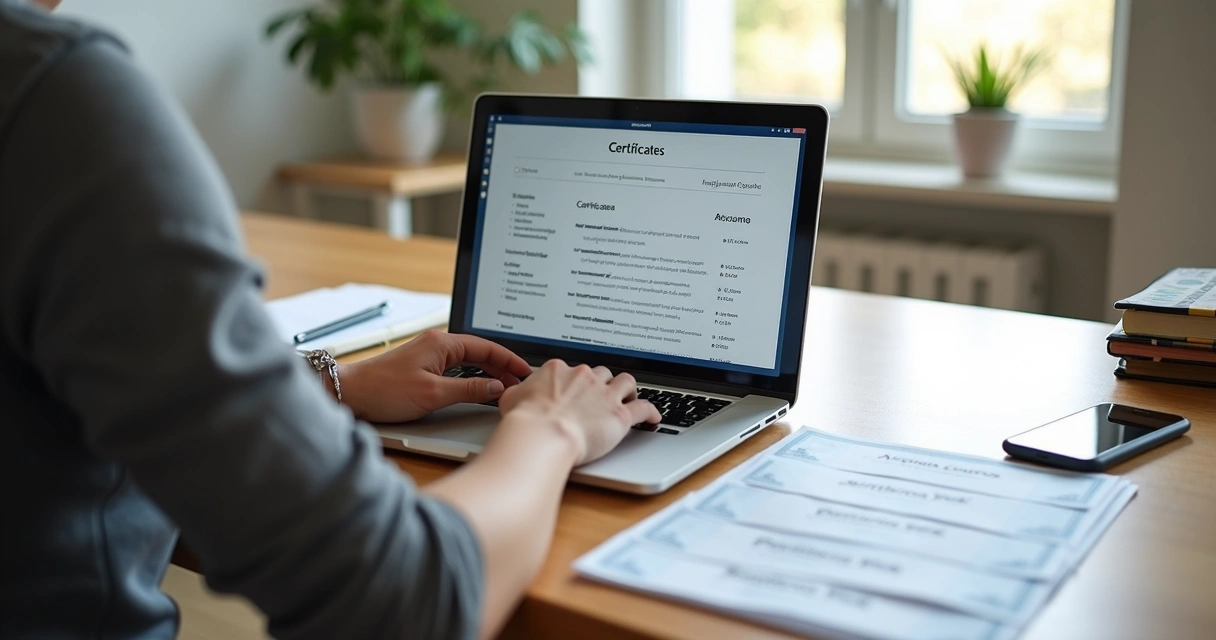 Pessoa atualizando currículo com certificados de cursos online no notebook