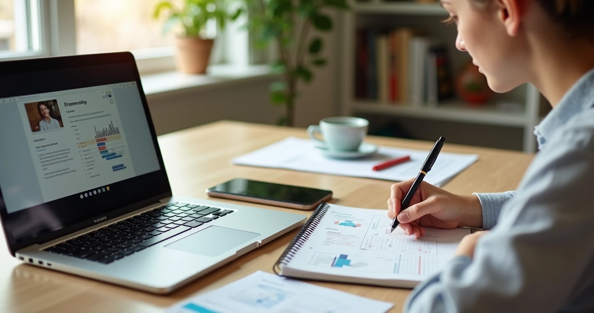 Pessoa estudando curso online de empreendedorismo em notebook em ambiente de home office