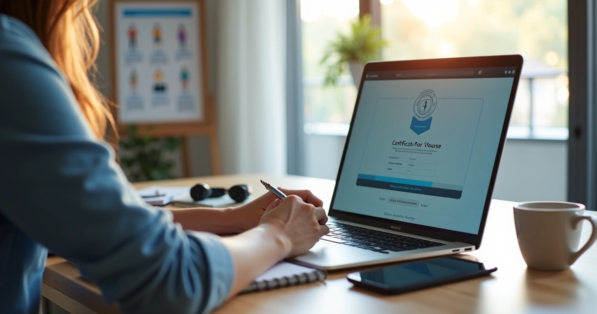 Pessoa estudando curso online no notebook com certificado digital na tela