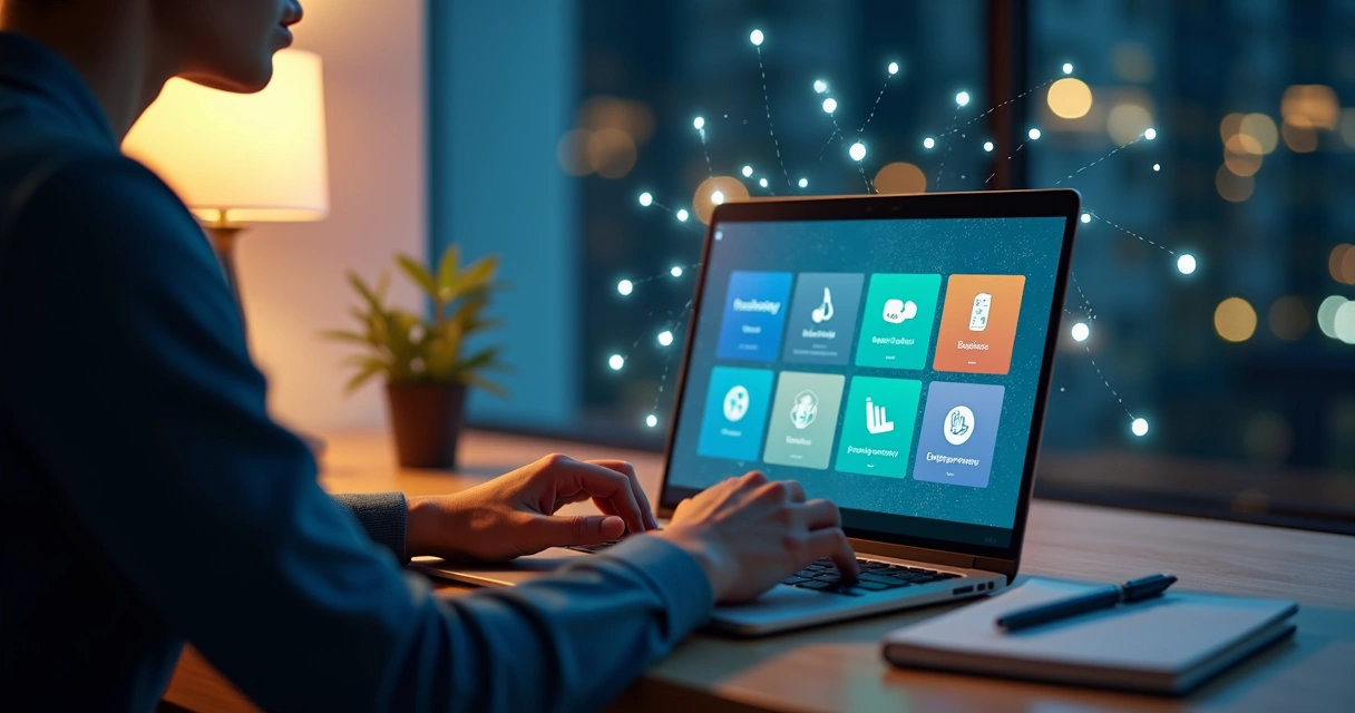Pessoa escolhendo curso online para a carreira em 2026 em laptop com ícones de diferentes áreas de estudo