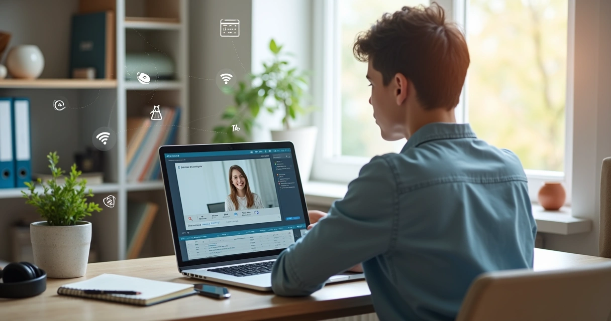 Jovem estudando em notebook em ambiente doméstico representando curso EAD