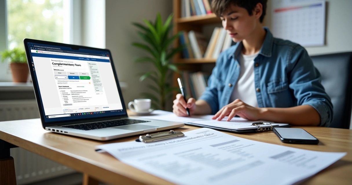Estudante organizando certificados de horas complementares em notebook e pasta sobre a mesa