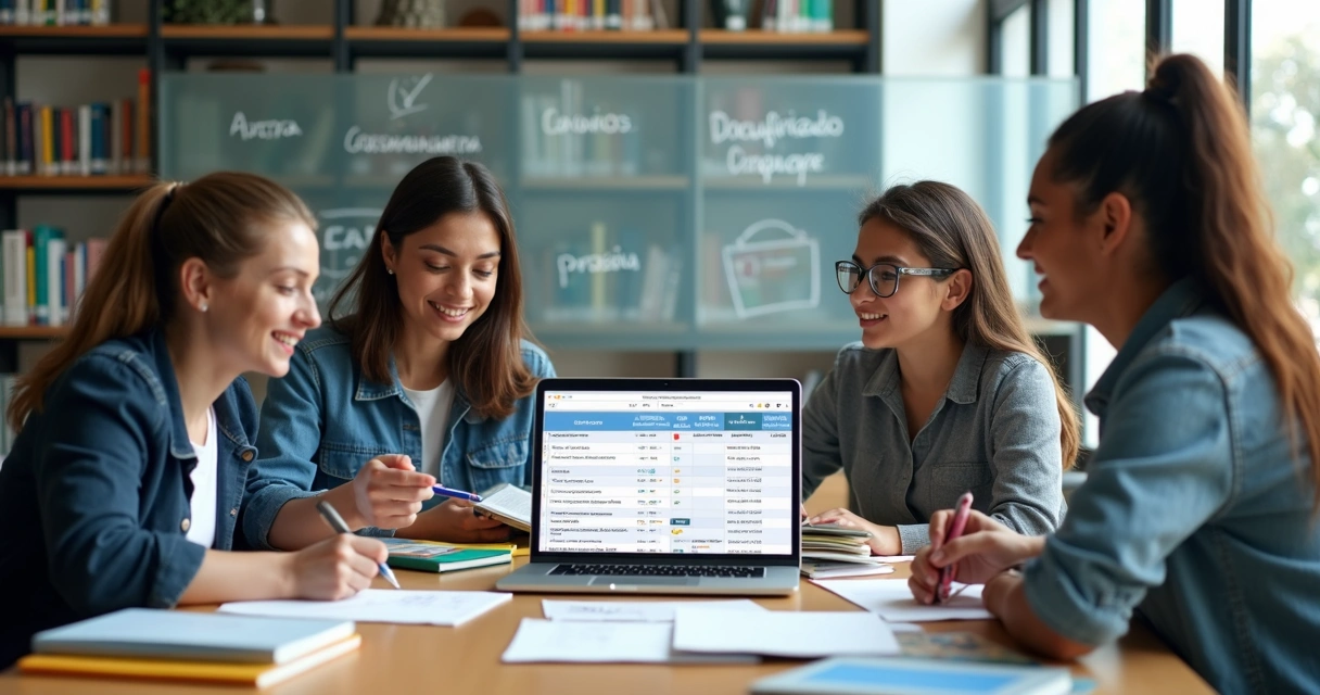 Grupo de universitários organizando atividades complementares na biblioteca com notebook e certificados
