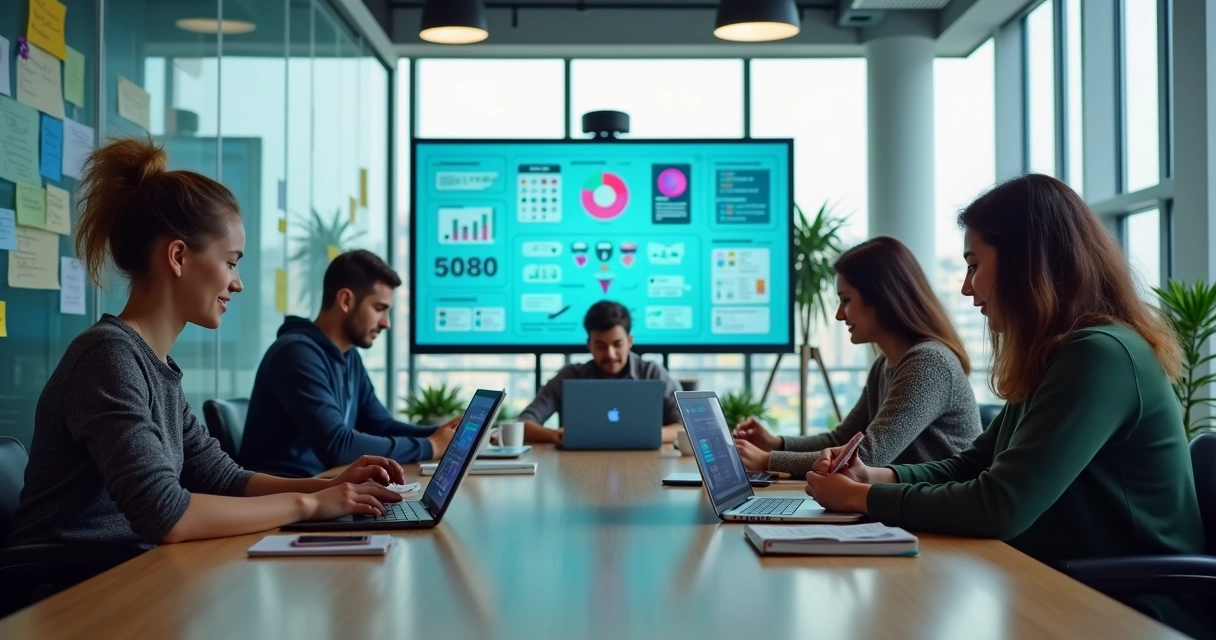 Profissionais trabalhando em diferentes áreas do mercado digital em um escritório moderno