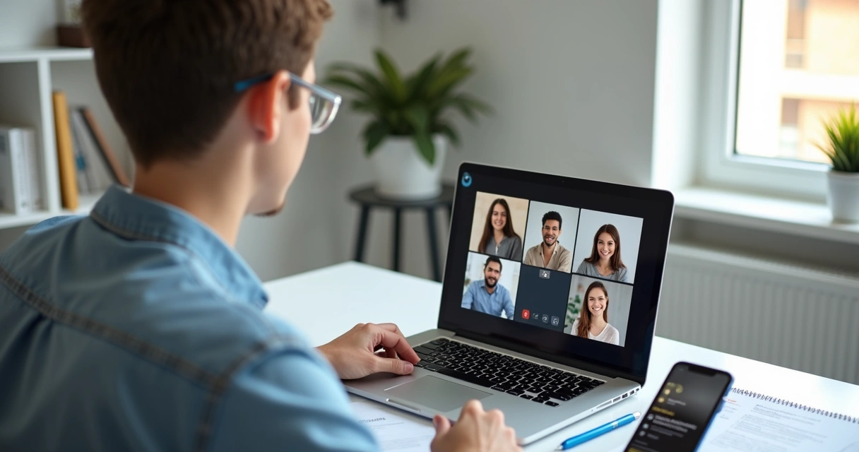 Jovem em entrevista de emprego online em frente ao notebook