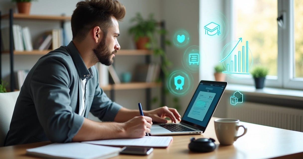 Adulto estudando em notebook com certificado e ícones de capacitação profissional ao fundo