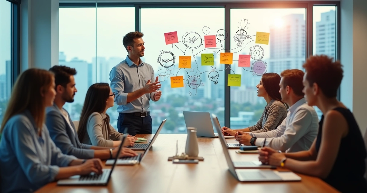 Equipe diversa em escritório colaborativo desenvolvendo soft skills em reunião