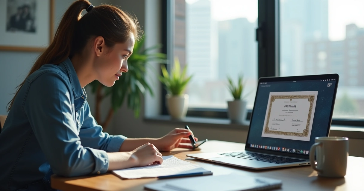 Pessoa estudando em notebook com certificado impresso ao lado na mesa