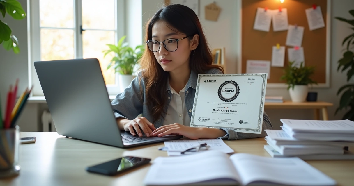 Estudante universitário organizando horas complementares no notebook com certificado na tela