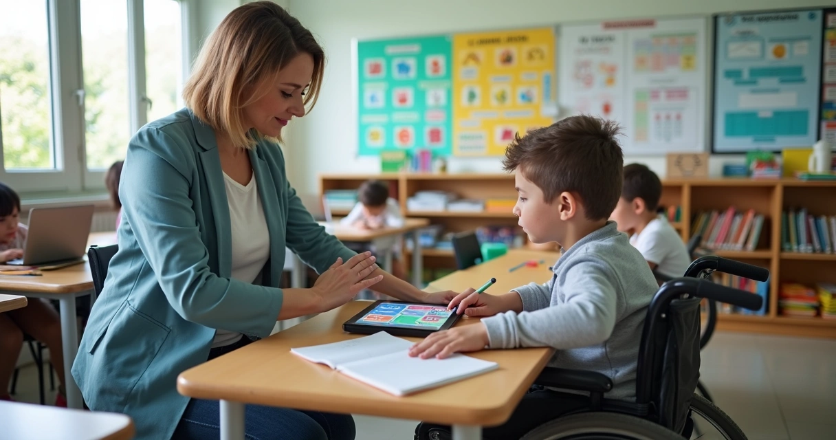Professor auxiliando aluno com deficiência em sala de aula inclusiva usando tablet educativo
