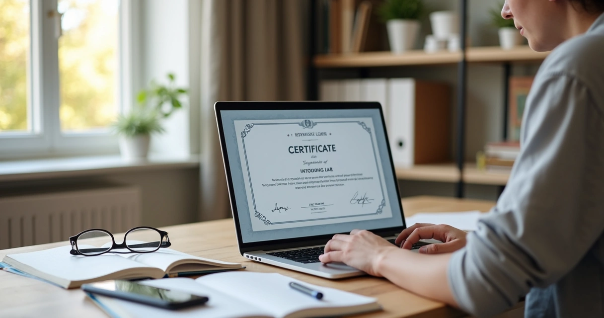 Pessoa exibindo certificado digital de curso online na tela do notebook