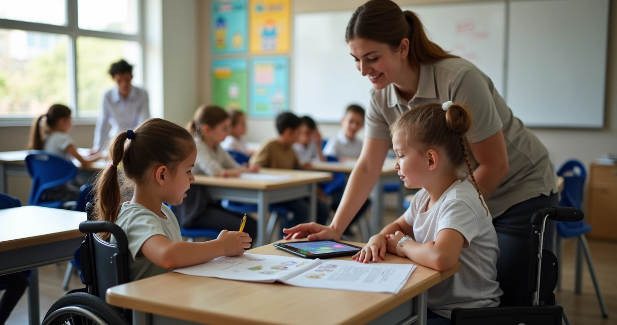 Cuidador educacional auxiliando aluno PCD em cadeira de rodas em sala de aula inclusiva