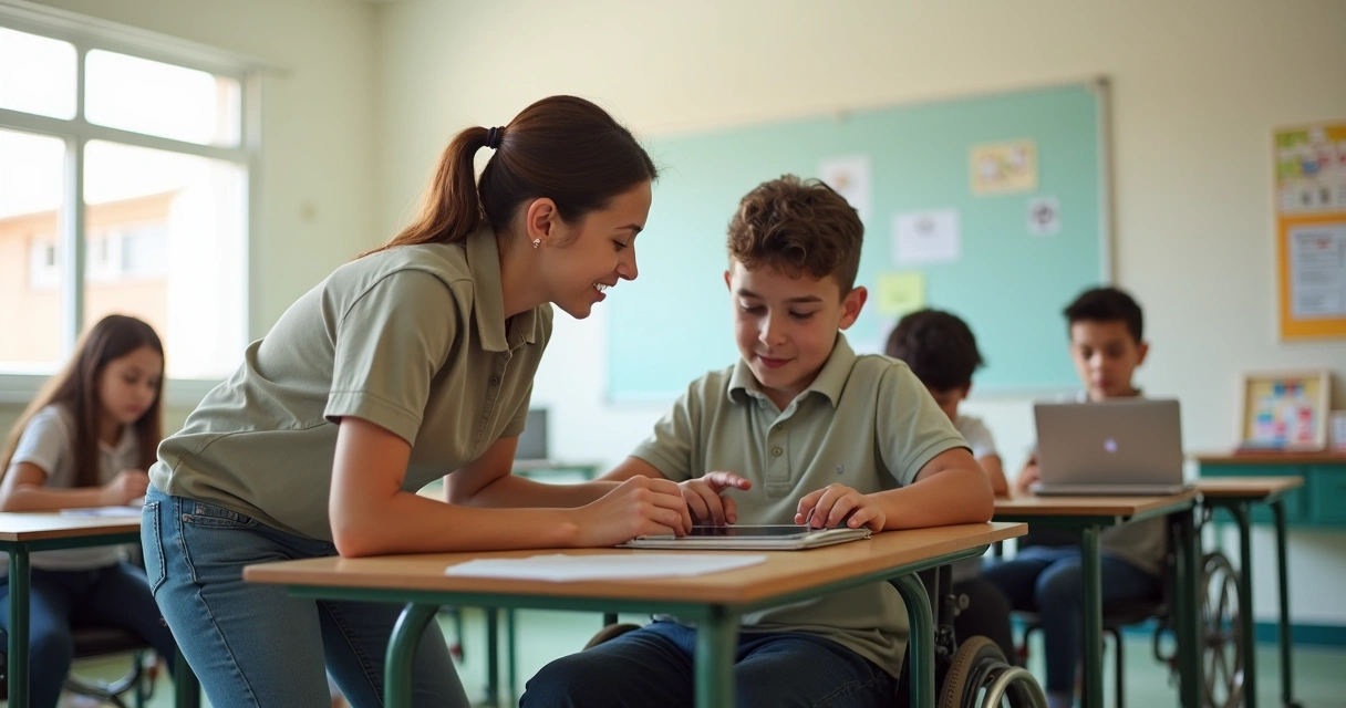 Cuidador educacional auxiliando aluno com deficiência em sala de aula inclusiva
