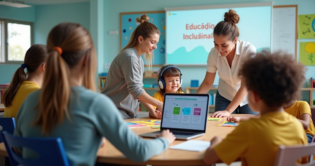 Sala de aula inclusiva com professora auxiliando aluno com deficiência em computador
