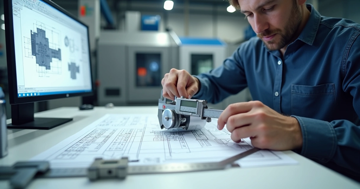 Profissional analisando desenho técnico com instrumentos de medição em ambiente industrial