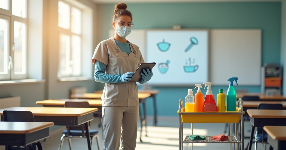 Profissional de limpeza escolar com tablet e materiais de higiene em sala de aula vazia
