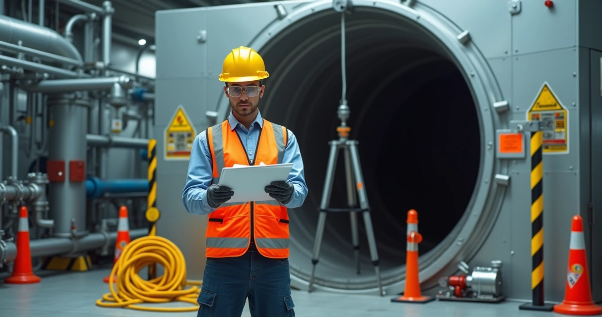 Trabalhador com capacete e EPI em entrada de espaço confinado analisando riscos em planta industrial