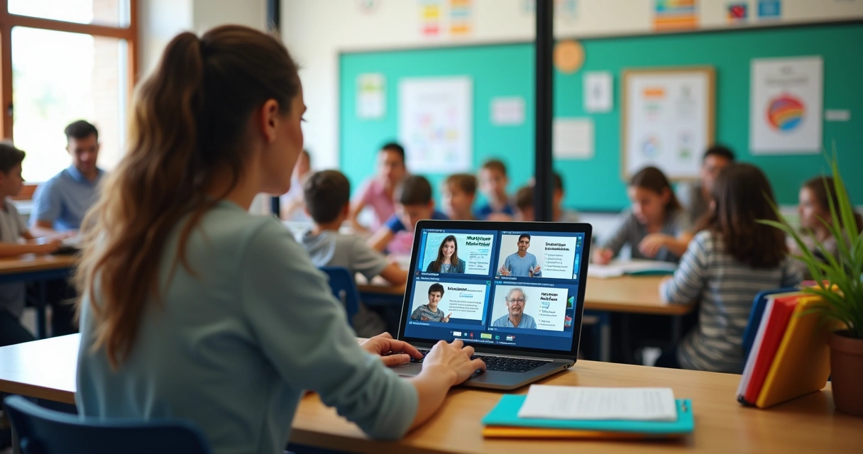 Professora em aula online sobre educação especial com alunos diversos em sala inclusiva
