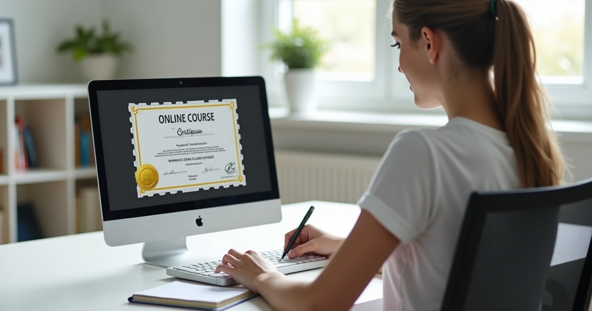 Jovem estudando em notebook com certificado digital na tela