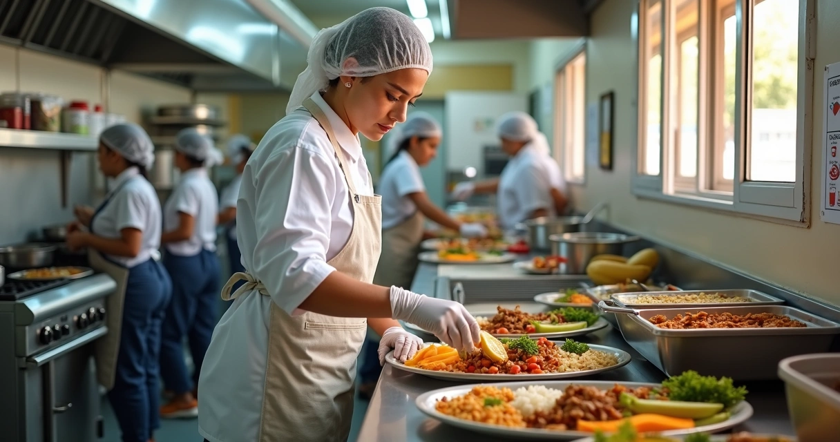 Merendeira escolar preparando refeição saudável em cozinha de escola