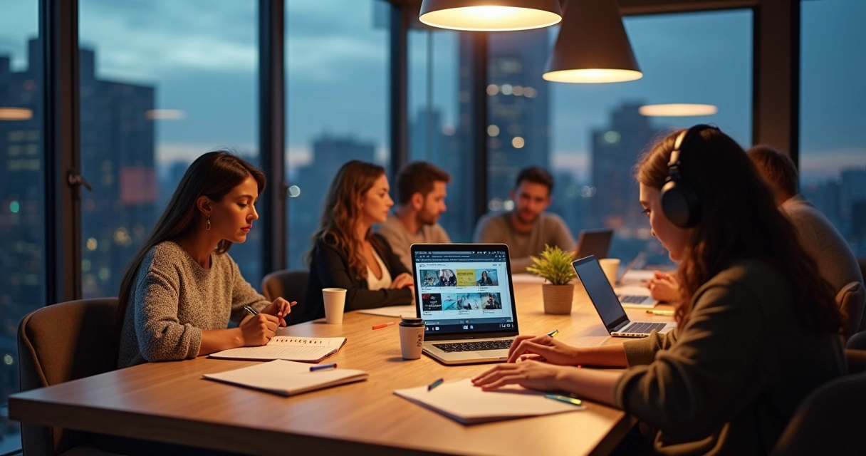 Grupo de adultos estudando cursos livres em espaço moderno com laptops e tablets