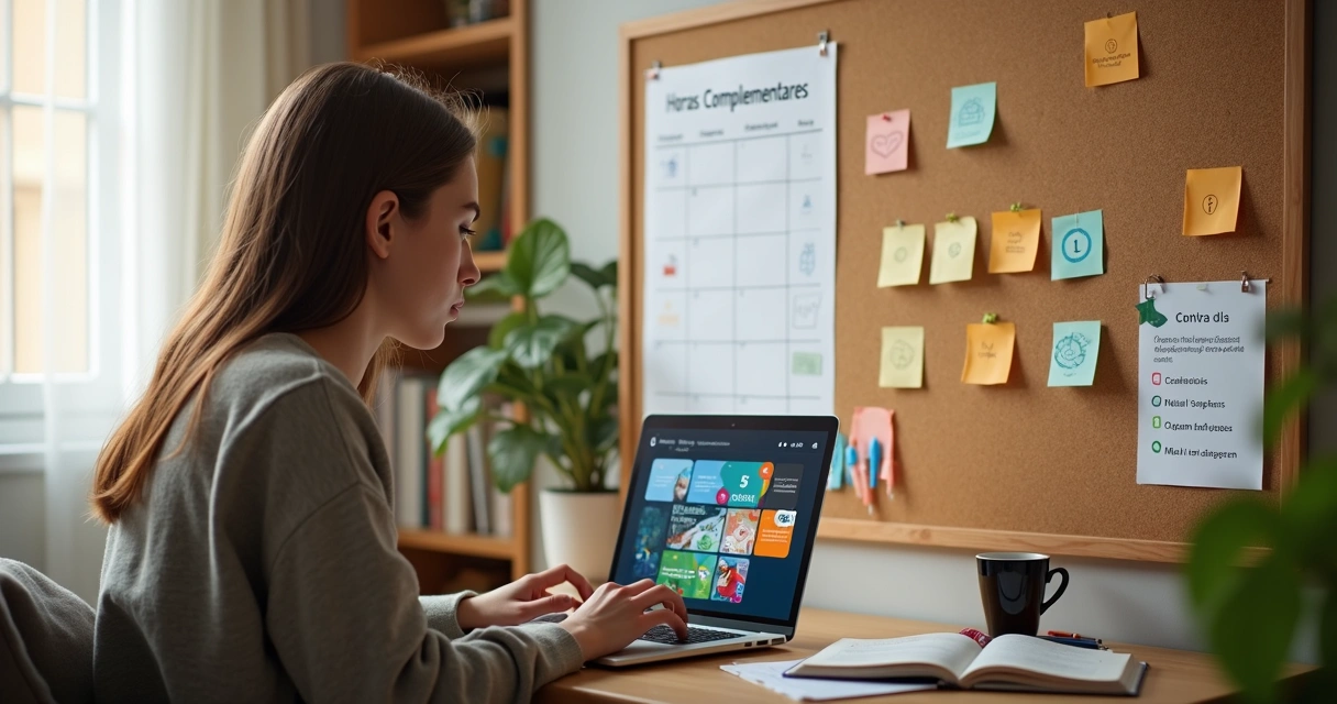 Aluno organizando horas complementares com cursos online em quadro mural