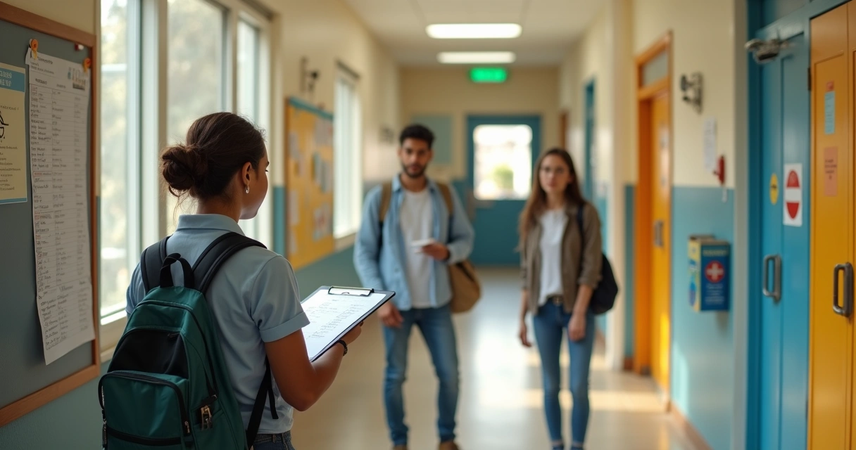 Assistente de aluno organizando chamada em corredor escolar