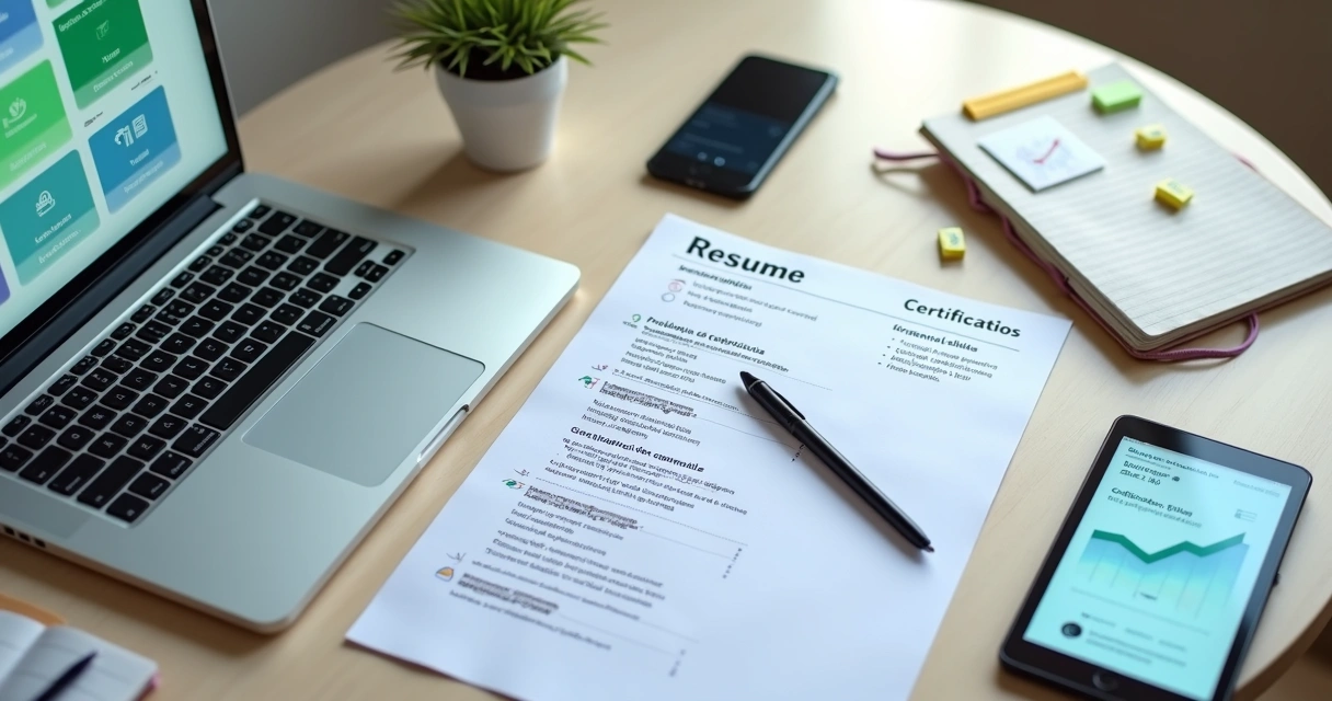 Currículo impresso com anotações de cursos gratuitos online ao lado de notebook e certificados digitais
