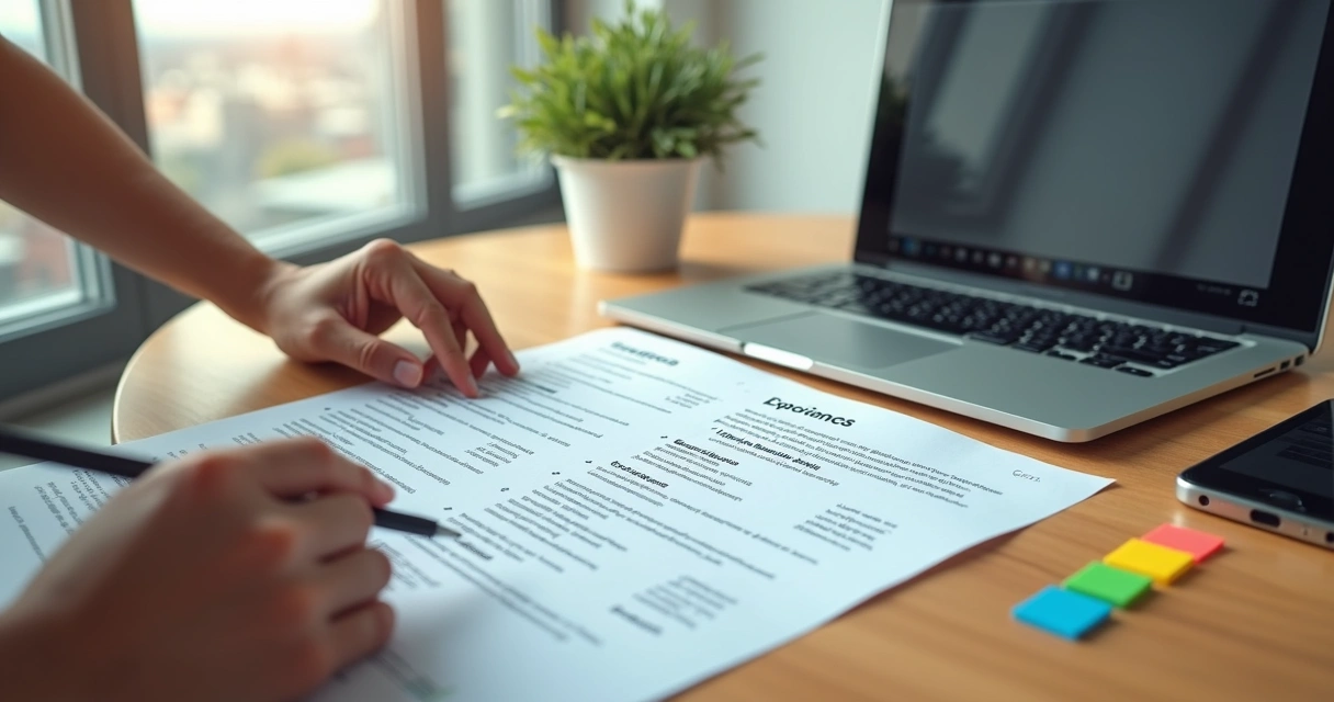Pessoa organizando currículo impresso sobre uma mesa de escritório com anotações ao lado