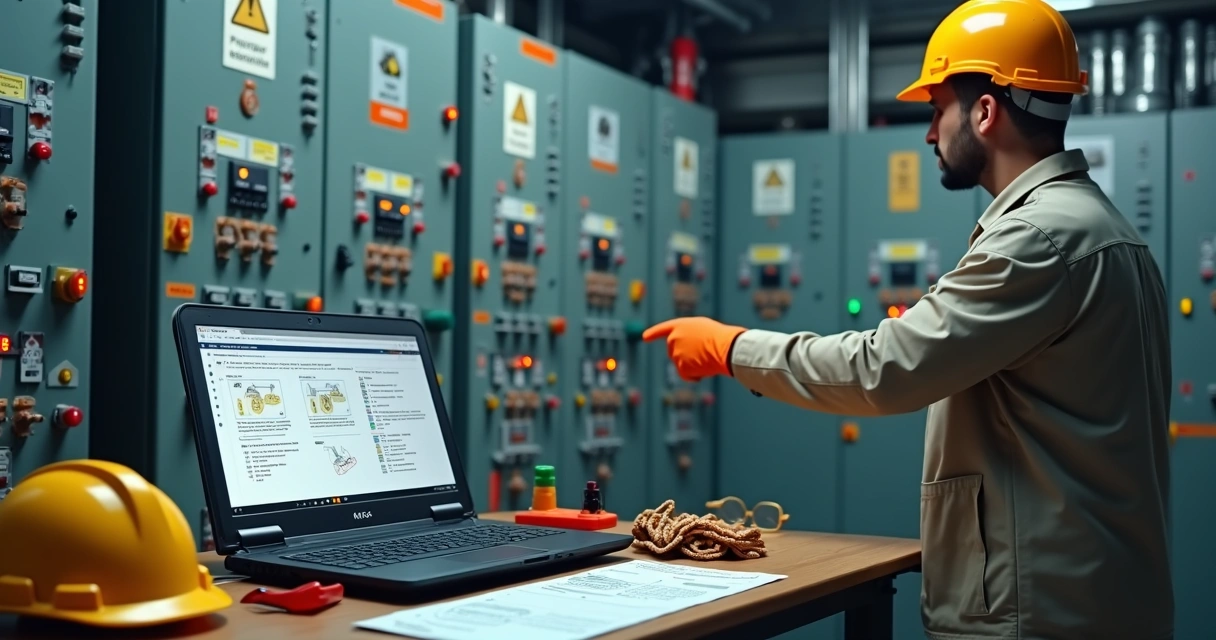 Profissional de elétrica estudando normas de segurança NR 10 em ambiente industrial