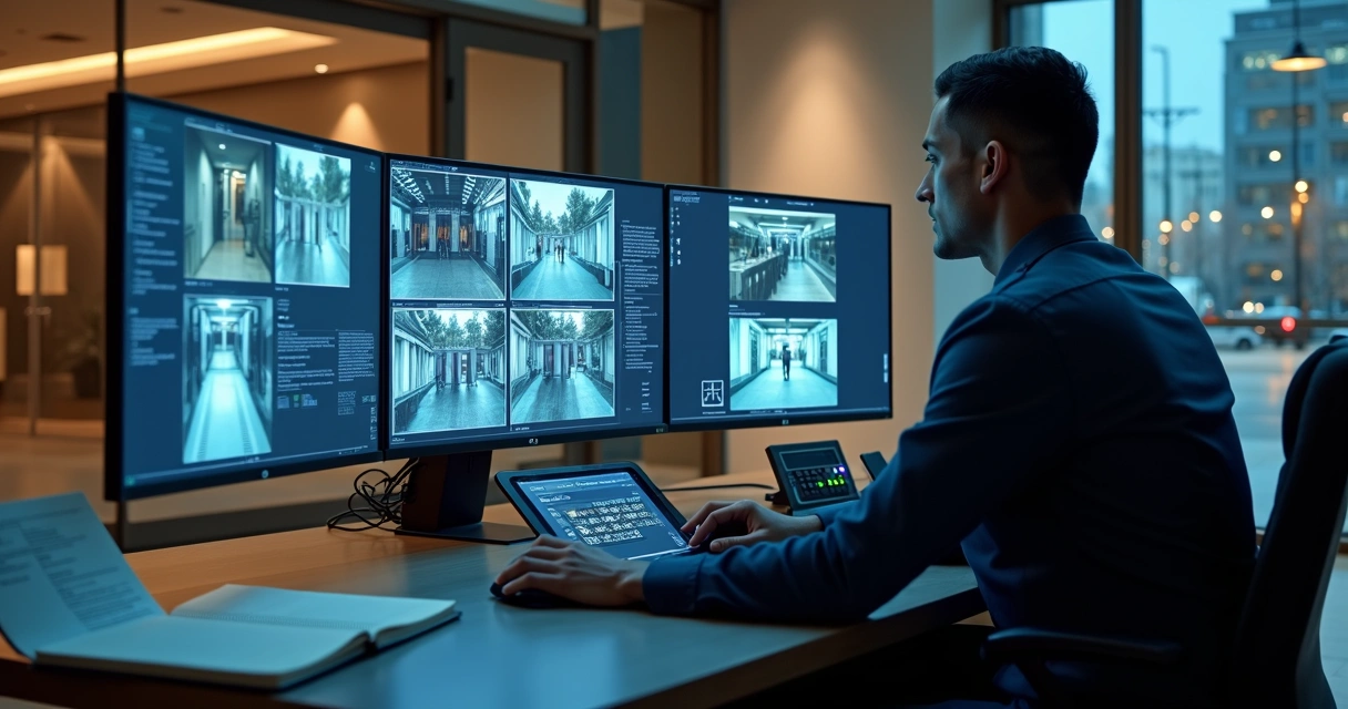 Profissional porteiro e vigia monitorando portaria de edifício à noite com câmeras e painel de acesso