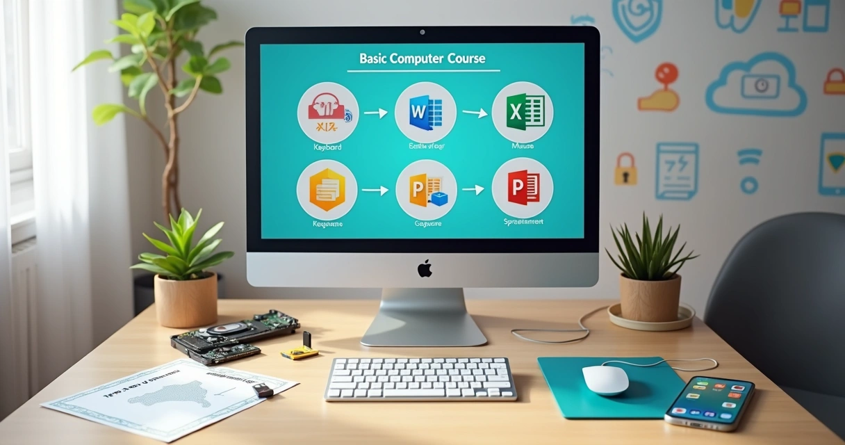 Mesa organizada com periféricos de informática e tela mostrando curso online