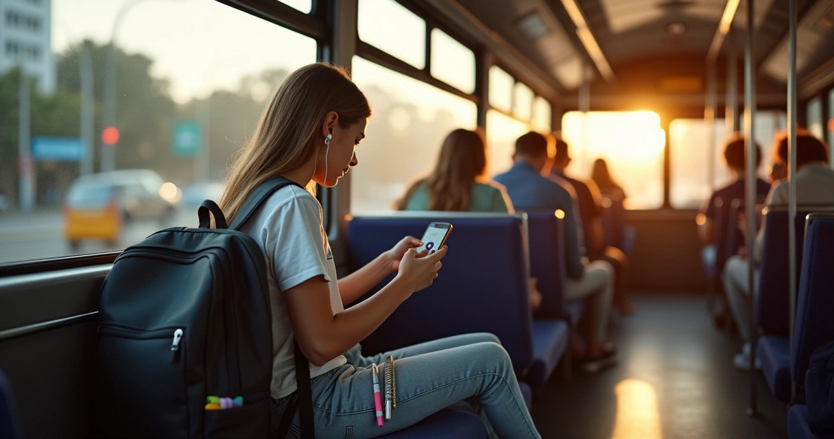 Adulto estudando curso online pelo celular em ônibus urbano