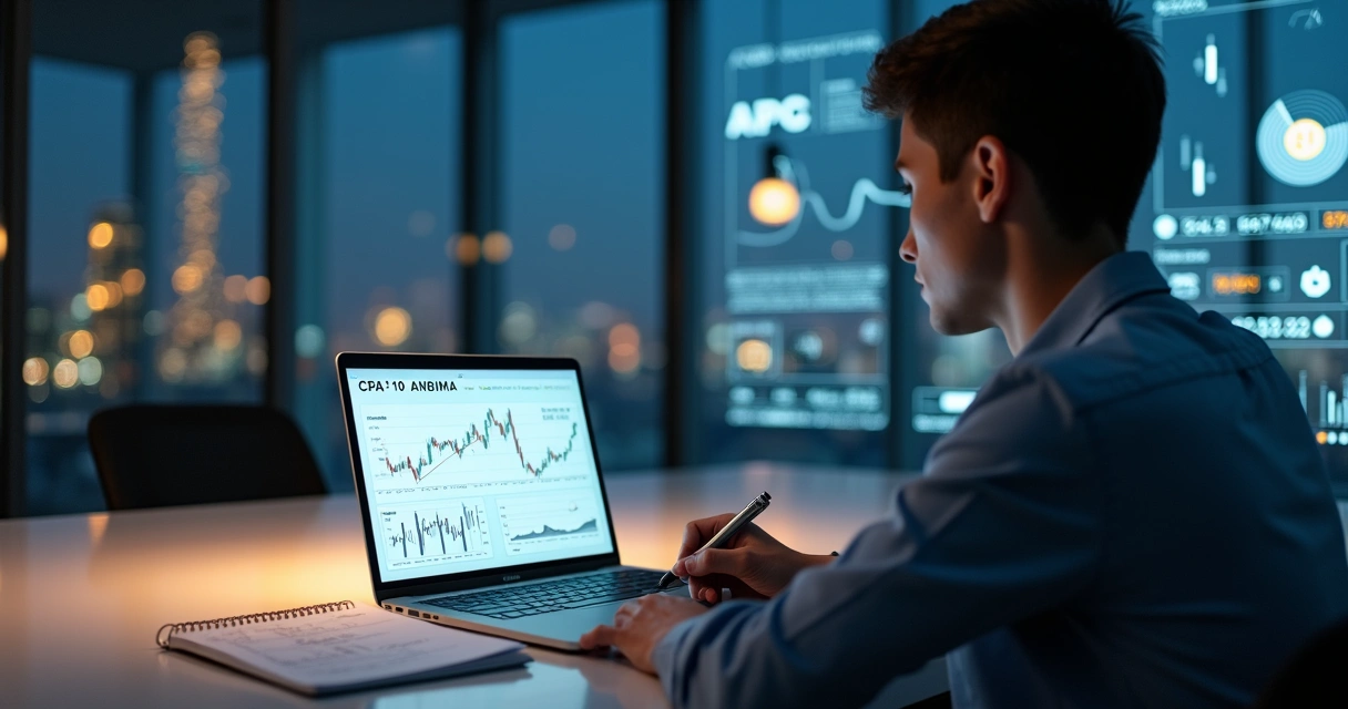 Estudante analisando gráficos financeiros em ambiente moderno de estudos