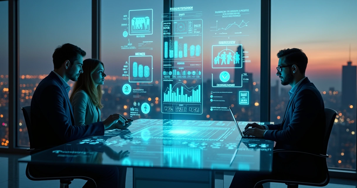 Profissionais analisando painel digital de gestão com gráficos e ícones de administração