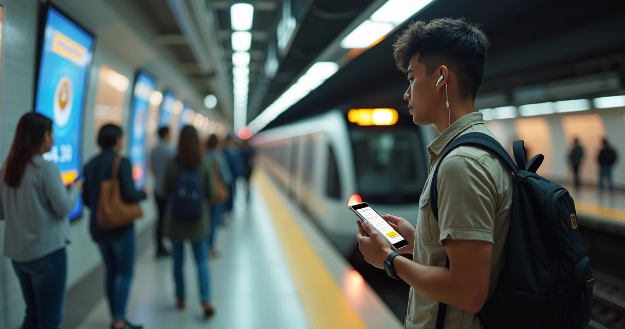 Jovem consultando certificado online no celular em estação de metrô