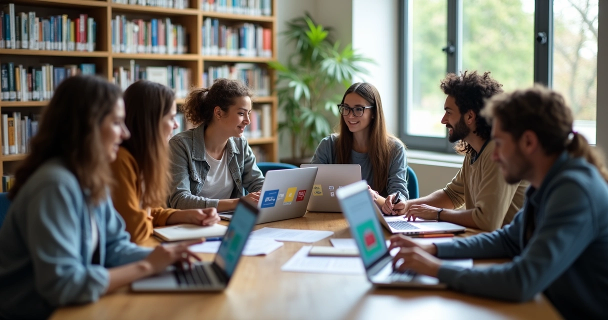 Grupo diverso estudando cursos online e certificados em mesa compartilhada