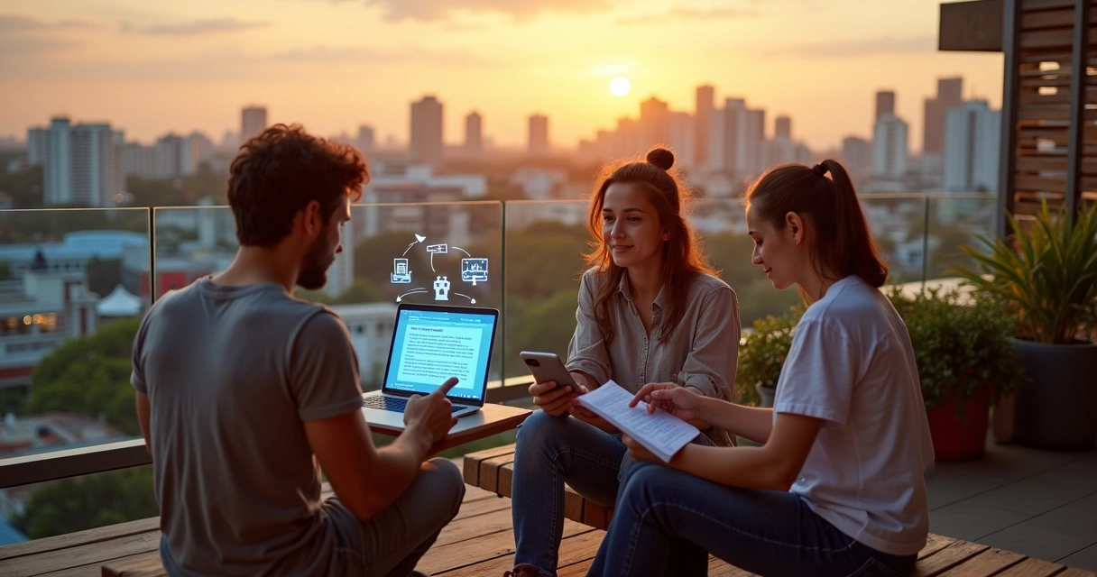 Grupo diverso estudando cursos online em notebooks em uma varanda com vista urbana