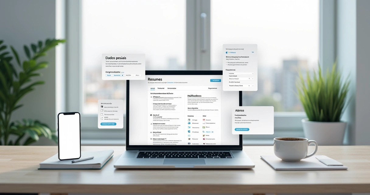 Montagem digital mostrando currículo online em tela de notebook e ícones de habilidades