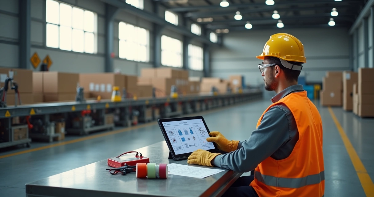 Adulto estudando treinamento operacional em tablet com fábrica ao fundo