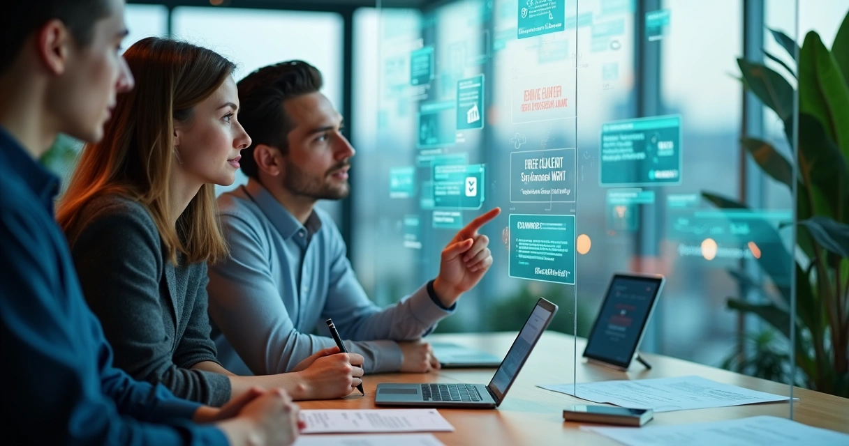 Profissionais analisando mural digital com plataformas de cursos online