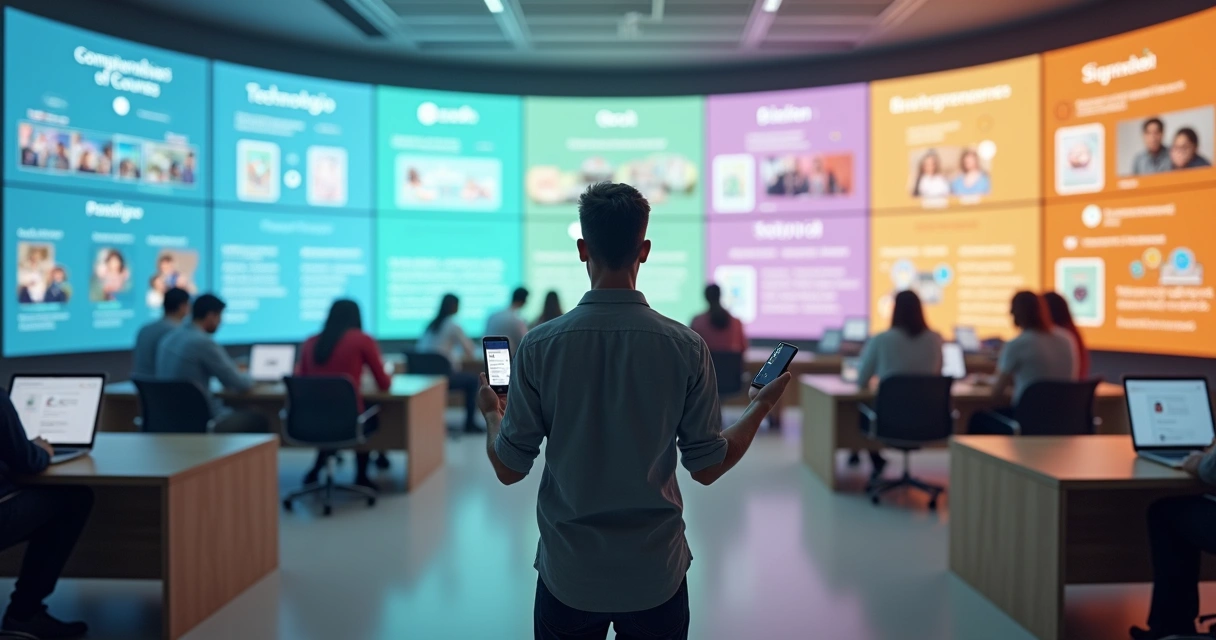 Adulto escolhendo cursos gratuitos online em grande painel colorido com certificados digitais
