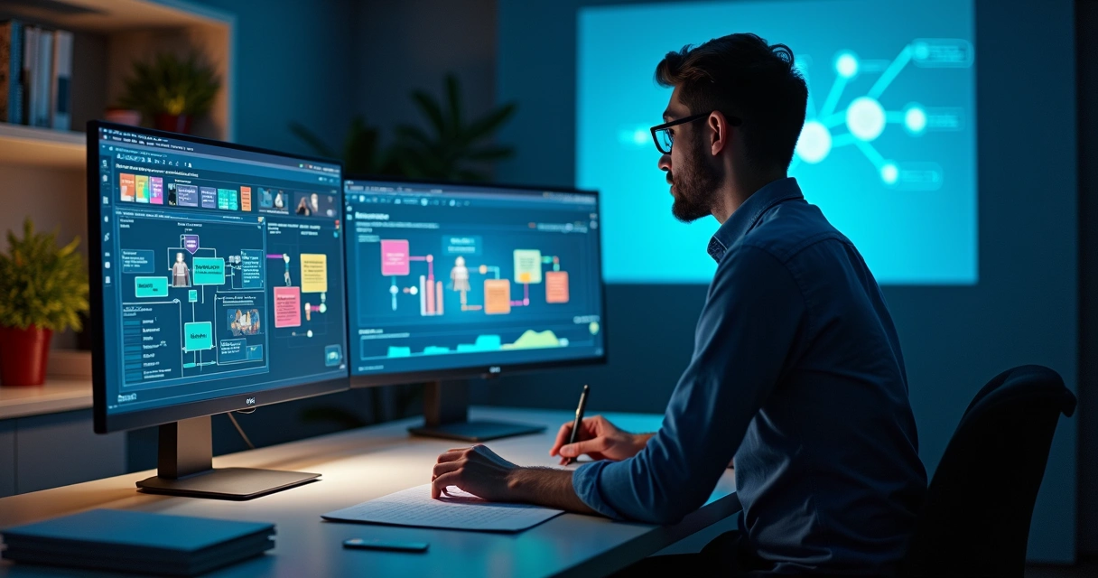 Profissional estudando sistema SAP em duas telas com painel de processos empresariais