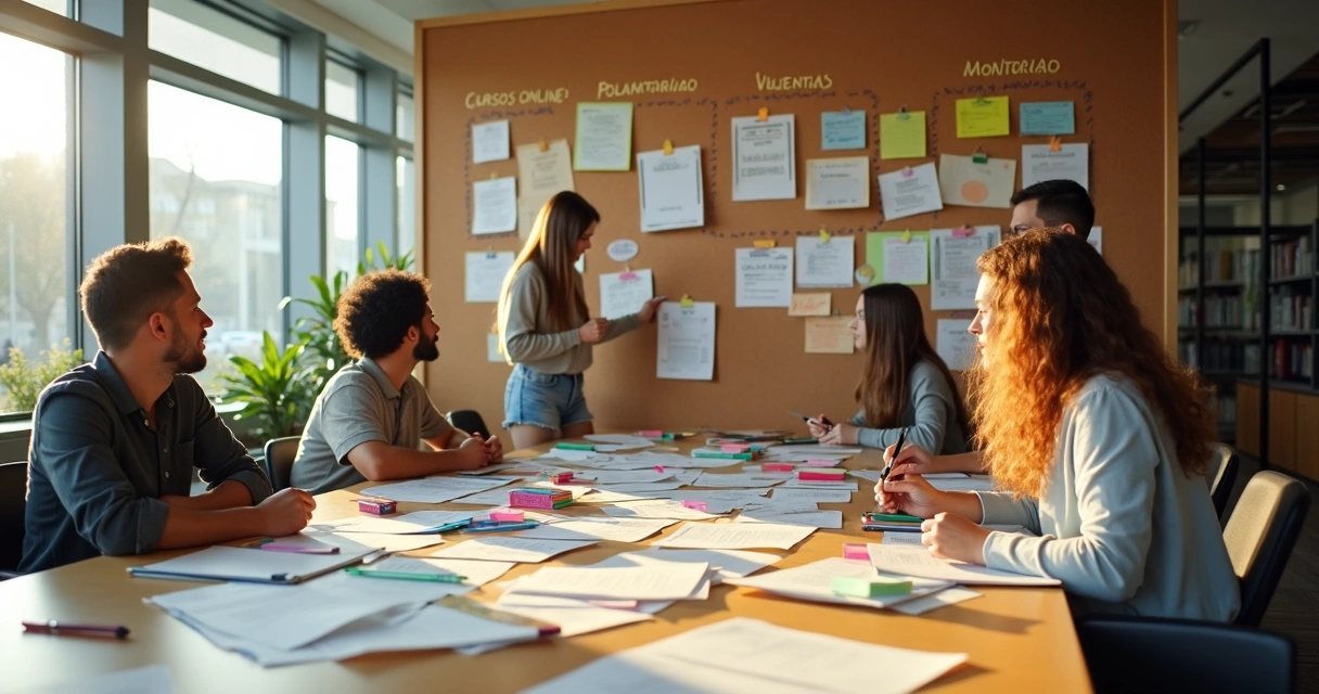 Estudantes montando quadro de planejamento de horas complementares