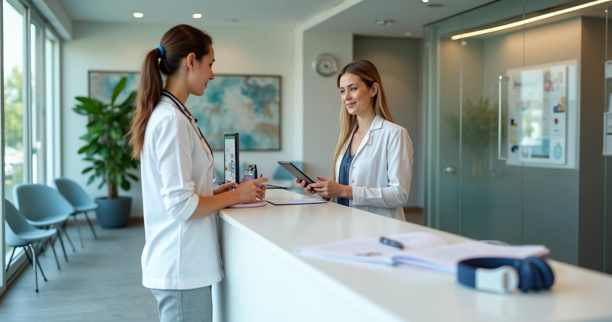 Recepcionista de clínica médica atendendo paciente no balcão com tablet e materiais de estudo ao fundo