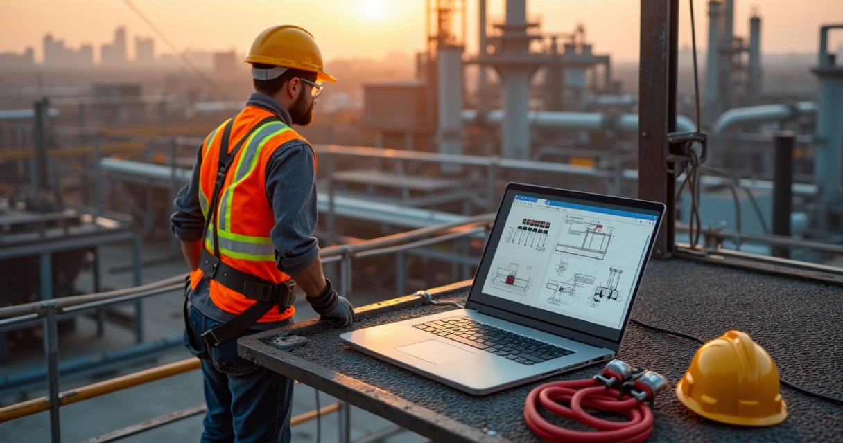 Trabalhador em altura com cinto de segurança e notebook aberto ao lado em ambiente industrial