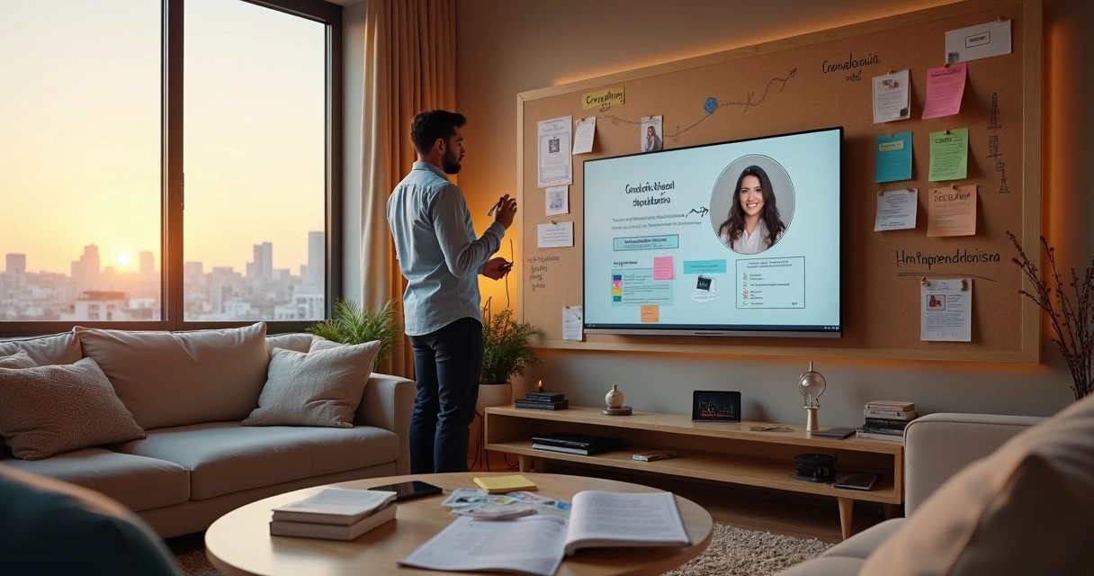 Profissional em sala de estar marcando áreas de carreira em mural enquanto aprende em curso online na TV