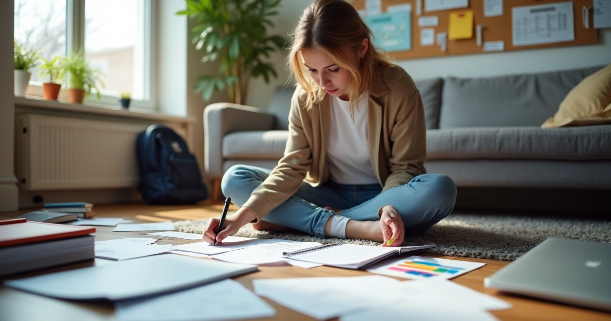 Estudante universitário organizando horas complementares com livros, tablet e certificados impressos