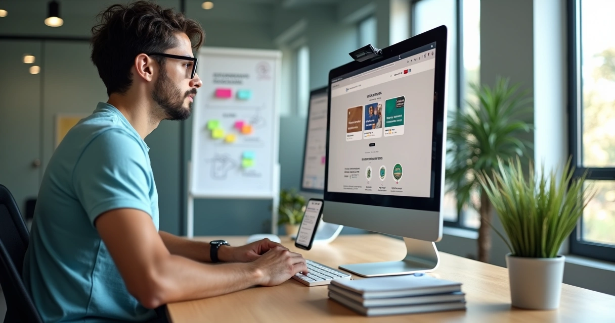 Estudante analisando site de cursos gratuitos em tela grande com foco em confiabilidade e certificados